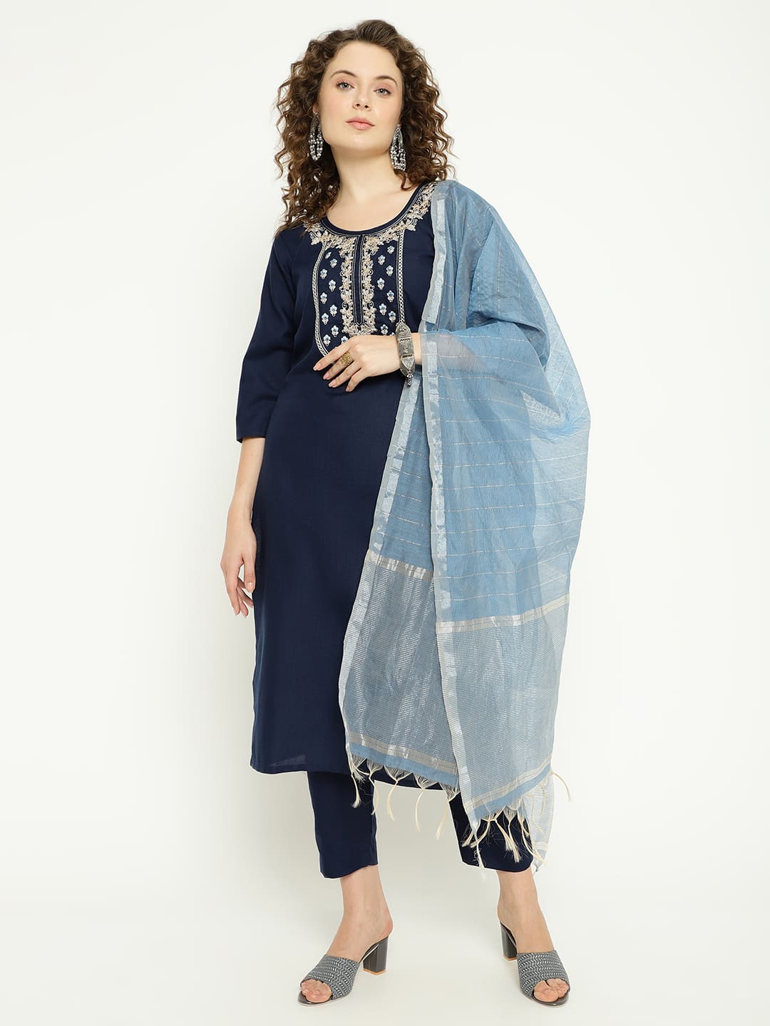 Navy Blue Magic Cotton Embroidered Kurta Pant Set with Dupatta